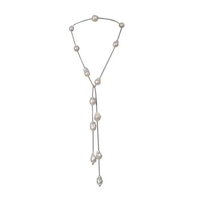 163-07 | GRAY SUEDE LARIAT W/ WHITE WILD PEARLS