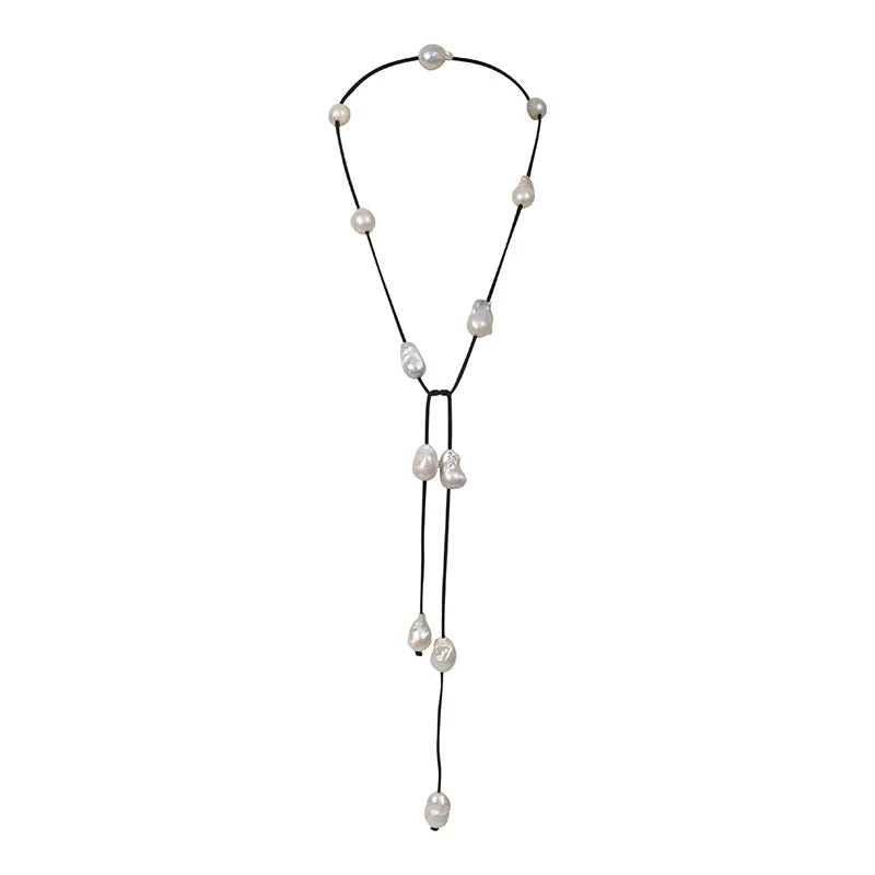 163-10 | BLACK SUEDE LARIAT W/ WHITE WILD PEARLS