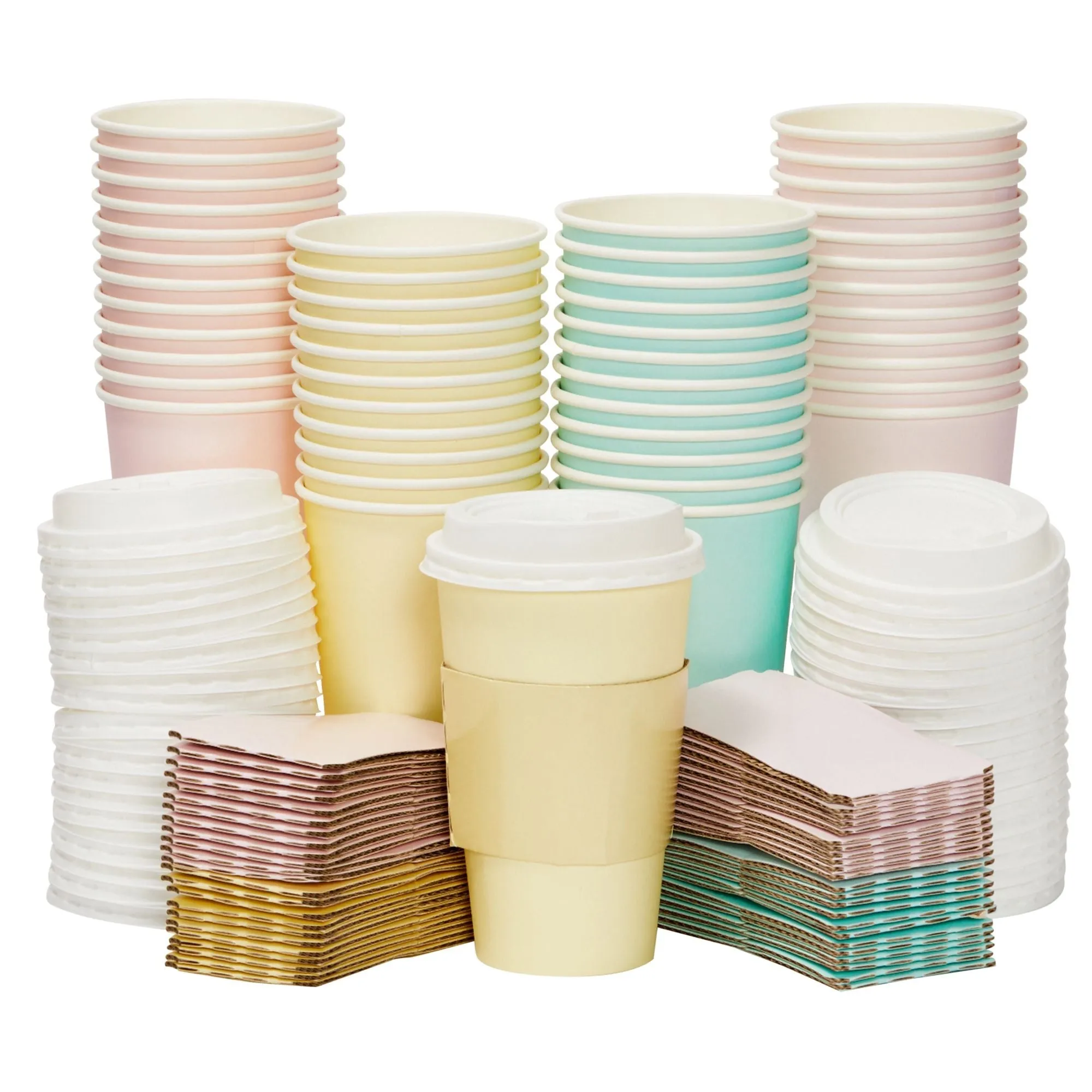 48-Pack 16 oz To Go Coffee Cups with Lids and Sleeves for Baby Shower and Birthday Party Supplies, Home, Restaurant, Cafe, or Store Use (Insulated, Disposable, 4 Pastel Colors)