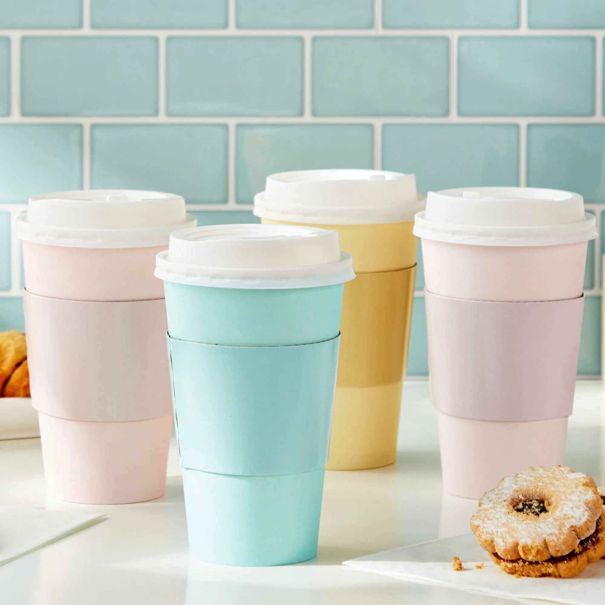 48-Pack 16 oz To Go Coffee Cups with Lids and Sleeves for Baby Shower and Birthday Party Supplies, Home, Restaurant, Cafe, or Store Use (Insulated, Disposable, 4 Pastel Colors)