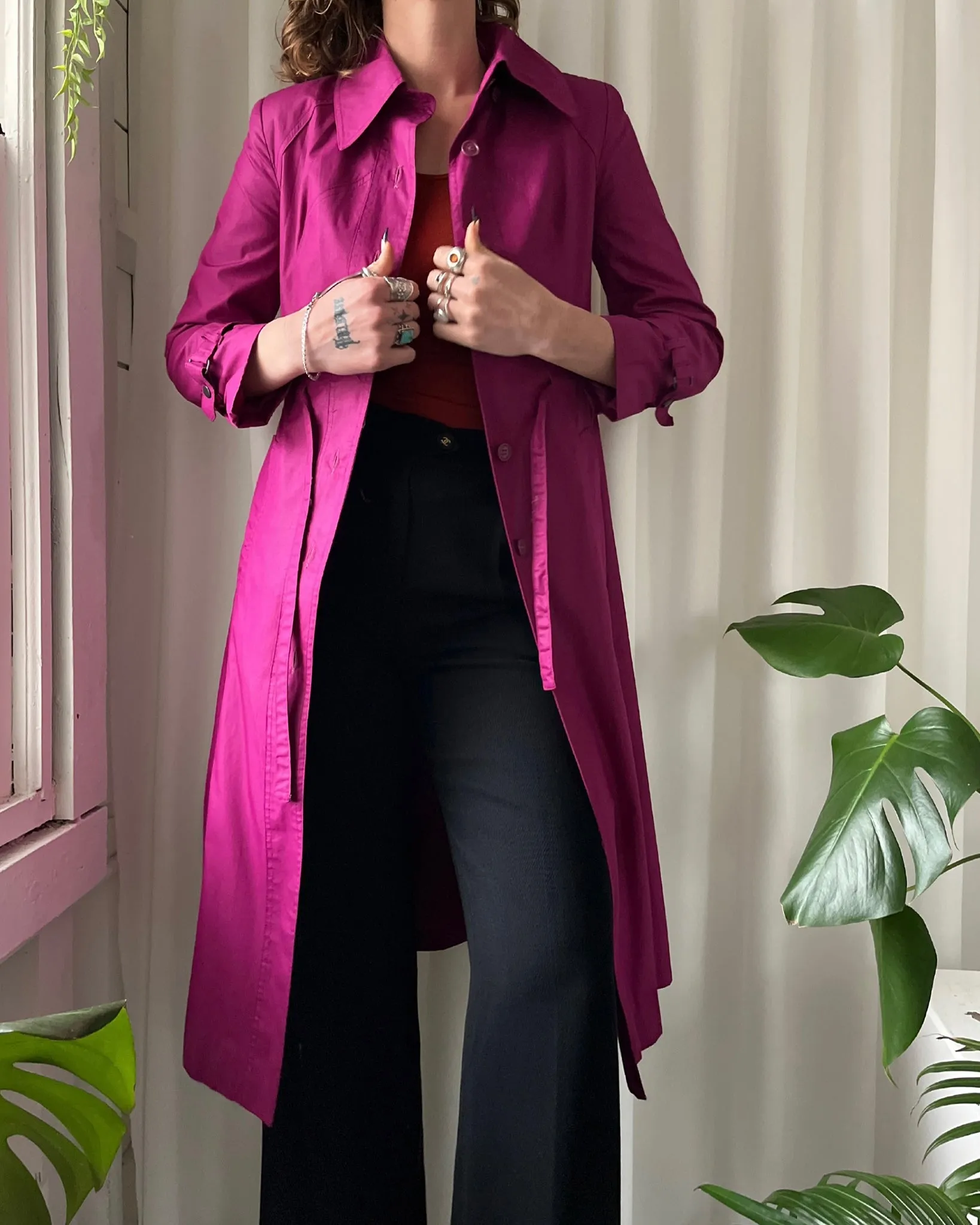 80s Fuchsia Belted Trench | XS-S