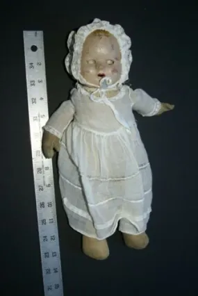 Antique French 1940 Baby Doll Hand Painted Face original Baptism Outfit Lace hat & CREATED DURING THE SECOND WORLD WAR