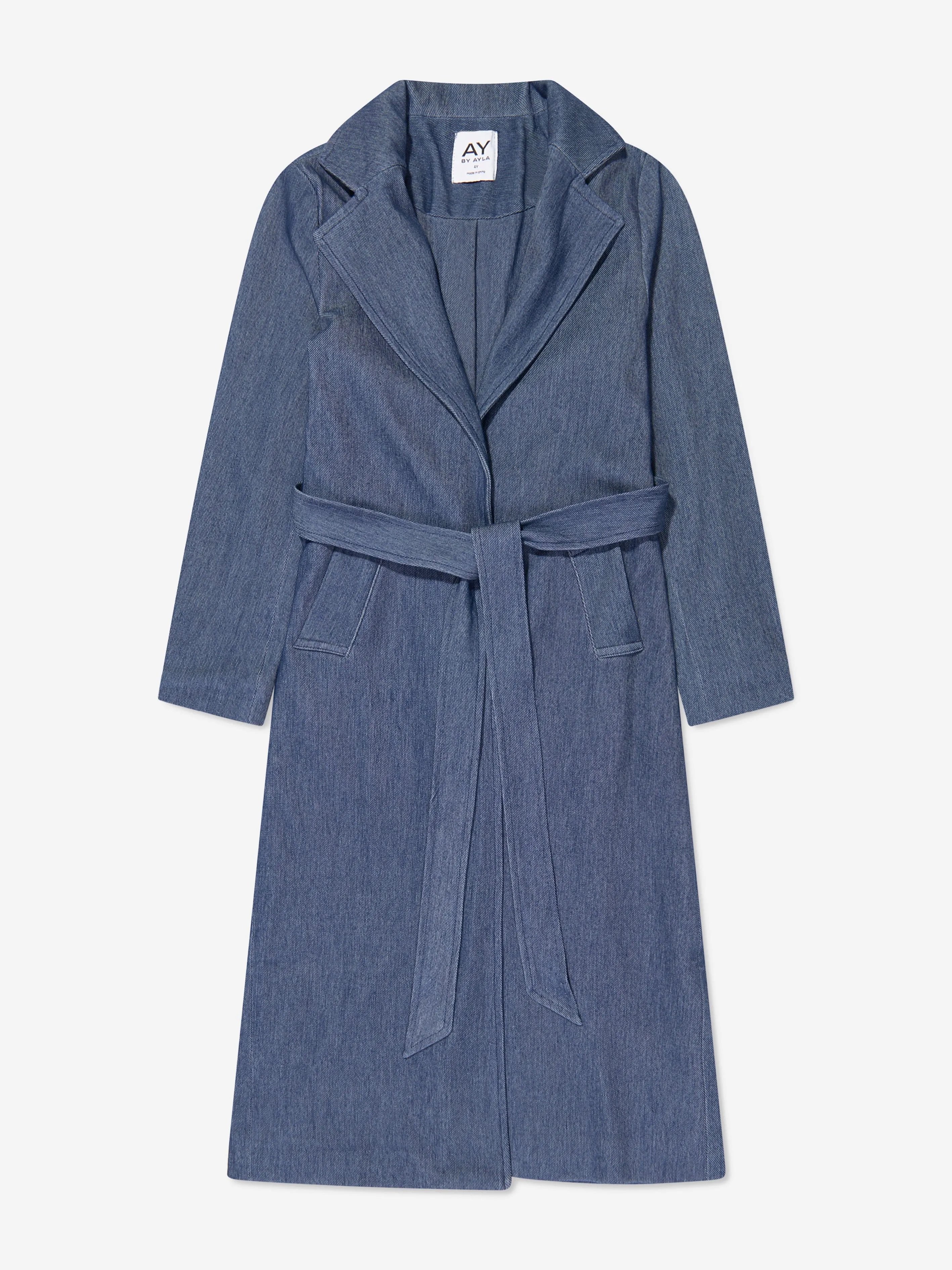 AY by AYLA Girls Denim Look Belted Trench Coat in Blue