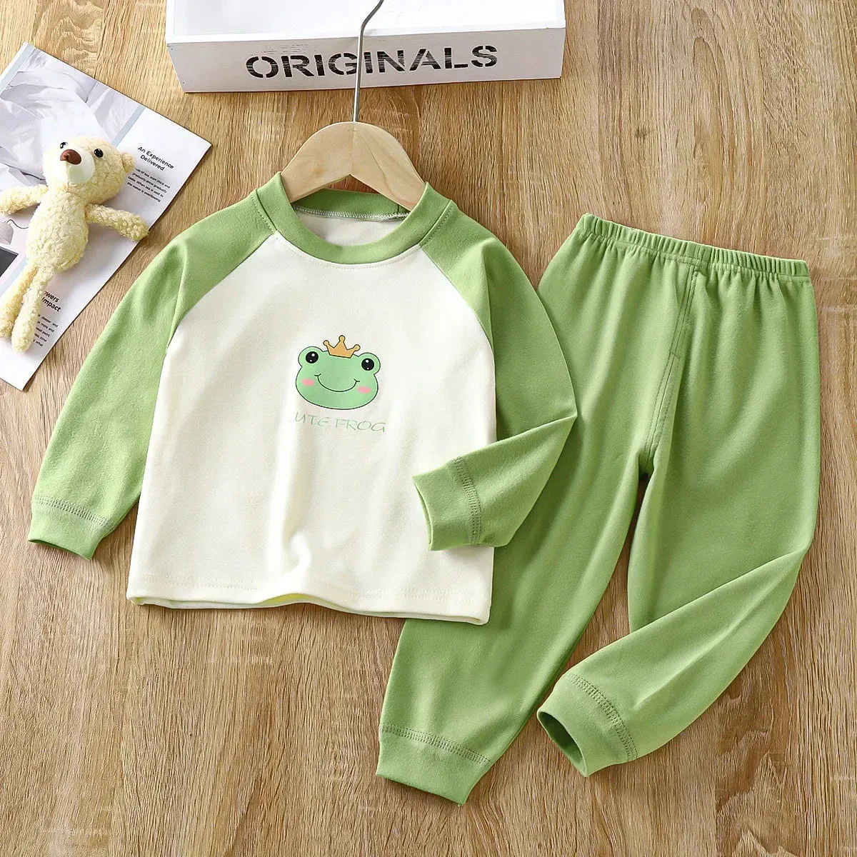 Baby Boys Girls Warm Pajamas Kids Cute Cartoon Animal O-neck T-Shirt Tops   Long Johns Pyjamas Autumn Underwear Clothing Sets