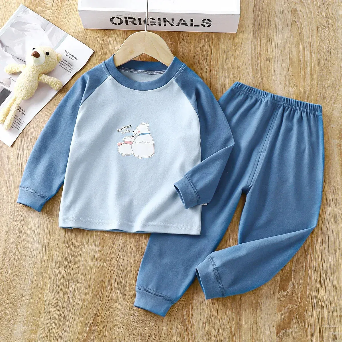 Baby Boys Girls Warm Pajamas Kids Cute Cartoon Animal O-neck T-Shirt Tops   Long Johns Pyjamas Autumn Underwear Clothing Sets