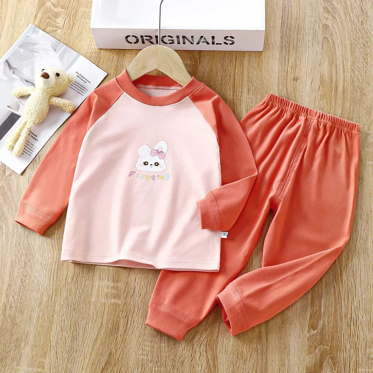 Baby Boys Girls Warm Pajamas Kids Cute Cartoon Animal O-neck T-Shirt Tops   Long Johns Pyjamas Autumn Underwear Clothing Sets