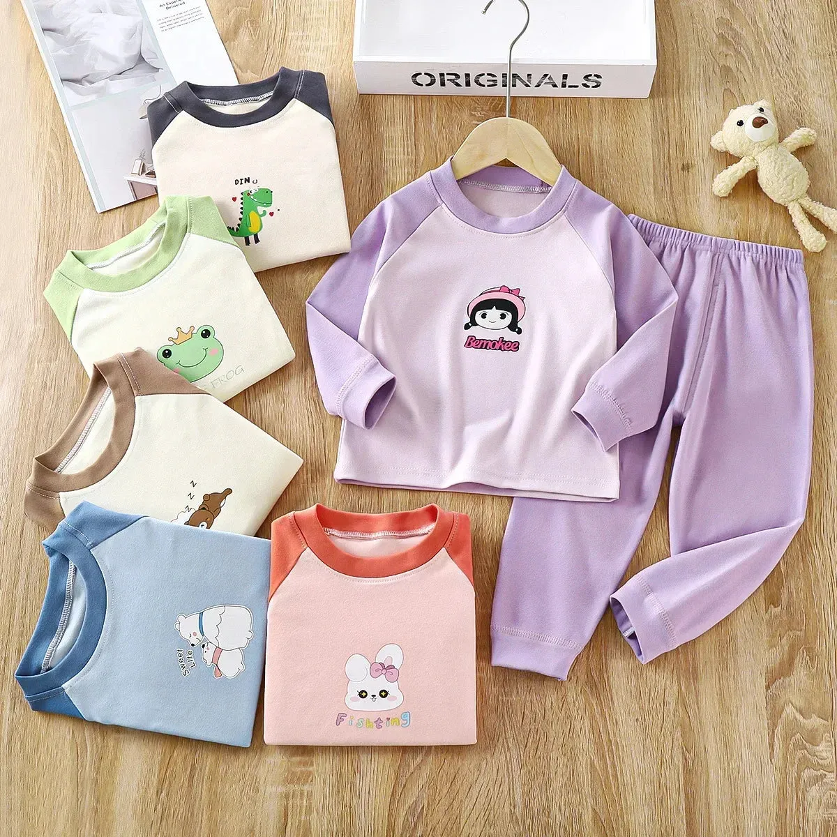 Baby Boys Girls Warm Pajamas Kids Cute Cartoon Animal O-neck T-Shirt Tops   Long Johns Pyjamas Autumn Underwear Clothing Sets