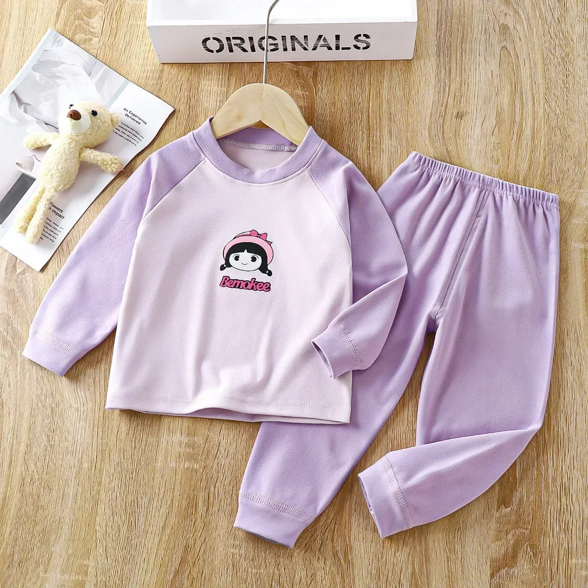 Baby Boys Girls Warm Pajamas Kids Cute Cartoon Animal O-neck T-Shirt Tops   Long Johns Pyjamas Autumn Underwear Clothing Sets