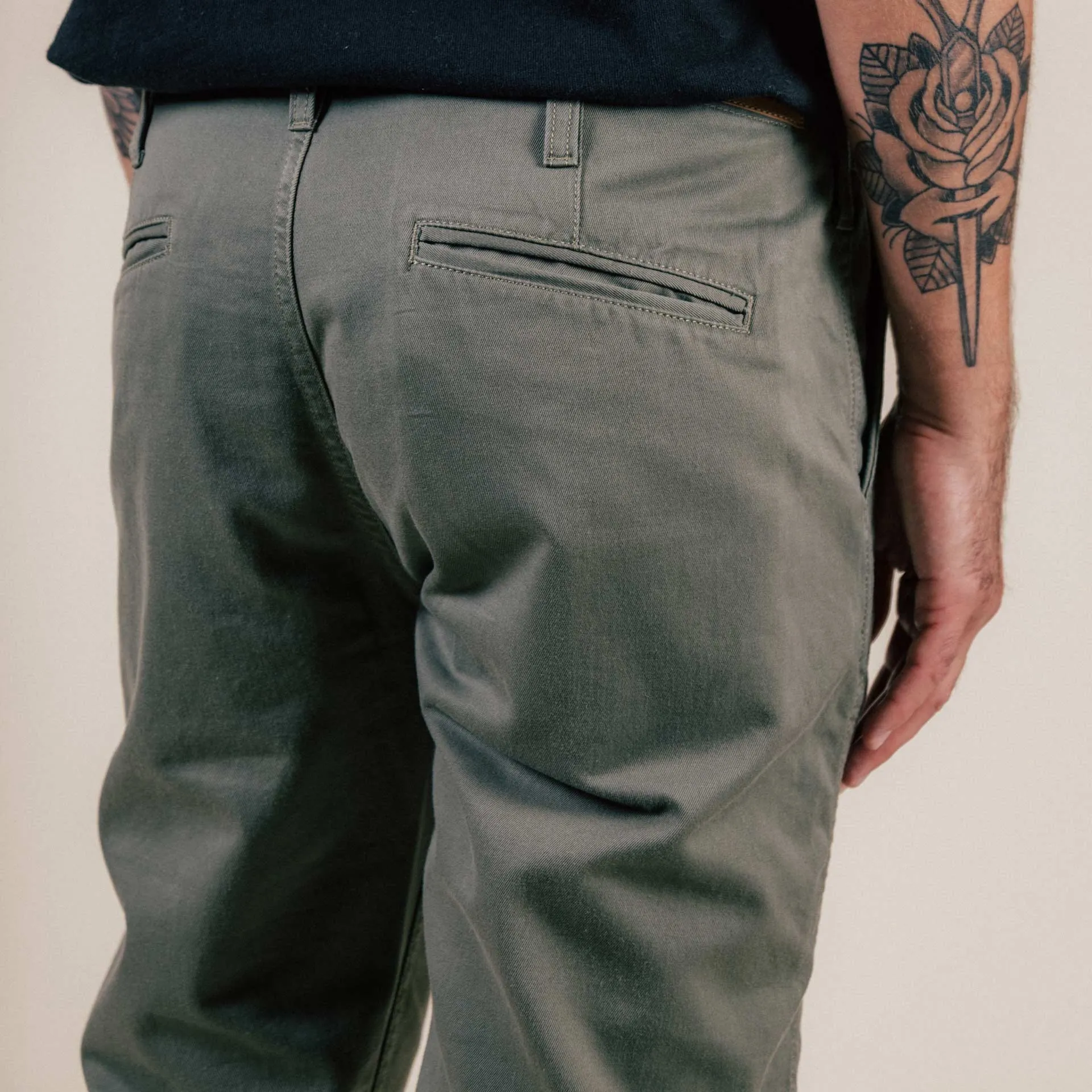 BC-04 RELAXED CHINO 8.5 oz. aged green sateen twill