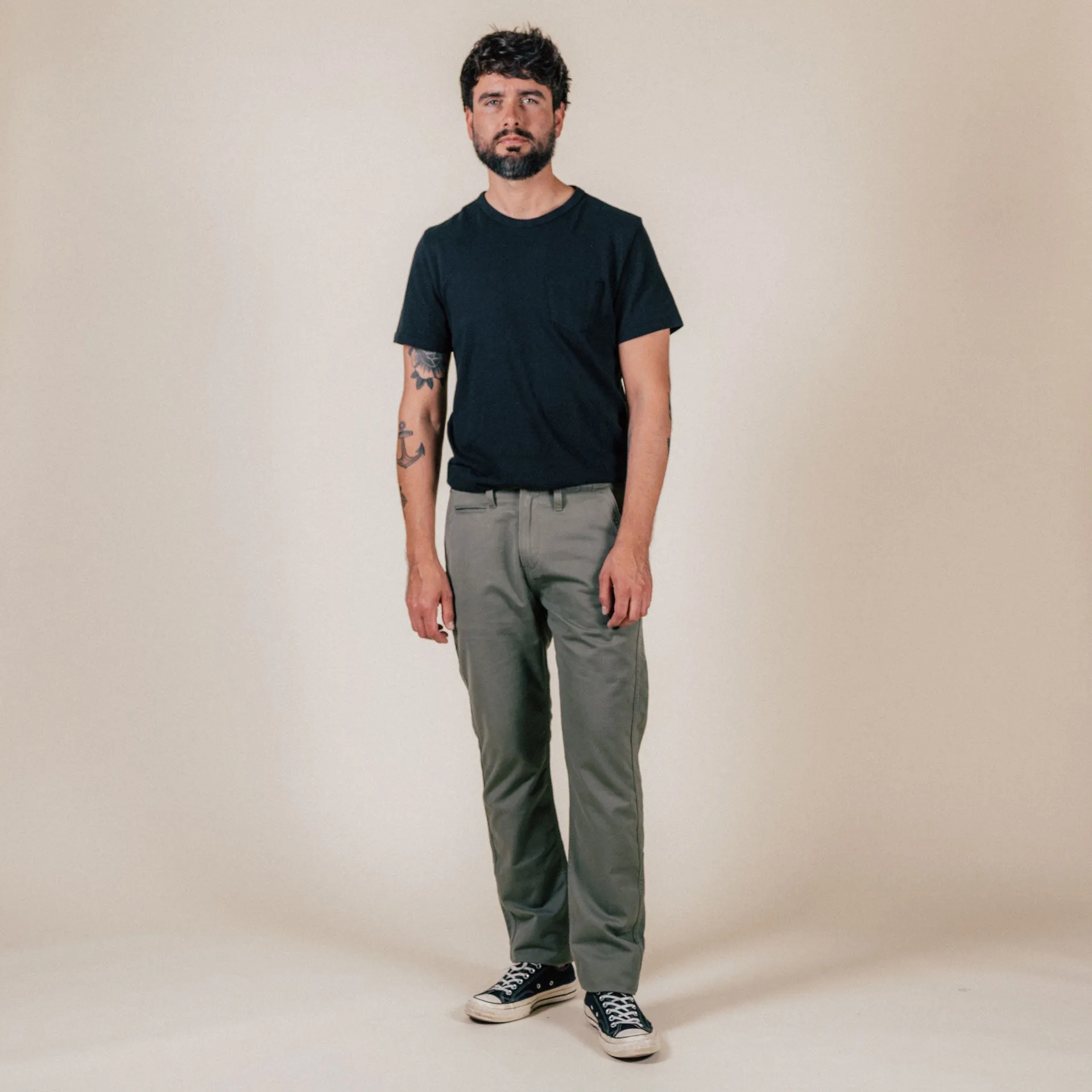 BC-04 RELAXED CHINO 8.5 oz. aged green sateen twill