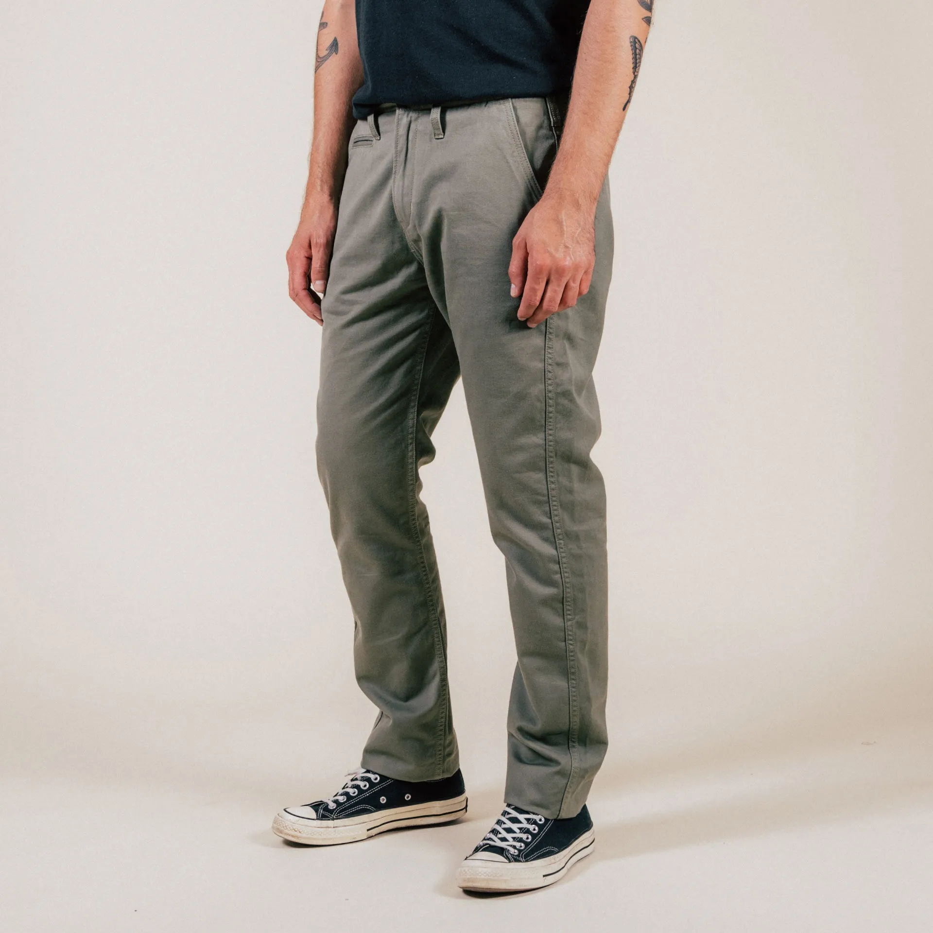 BC-04 RELAXED CHINO 8.5 oz. aged green sateen twill