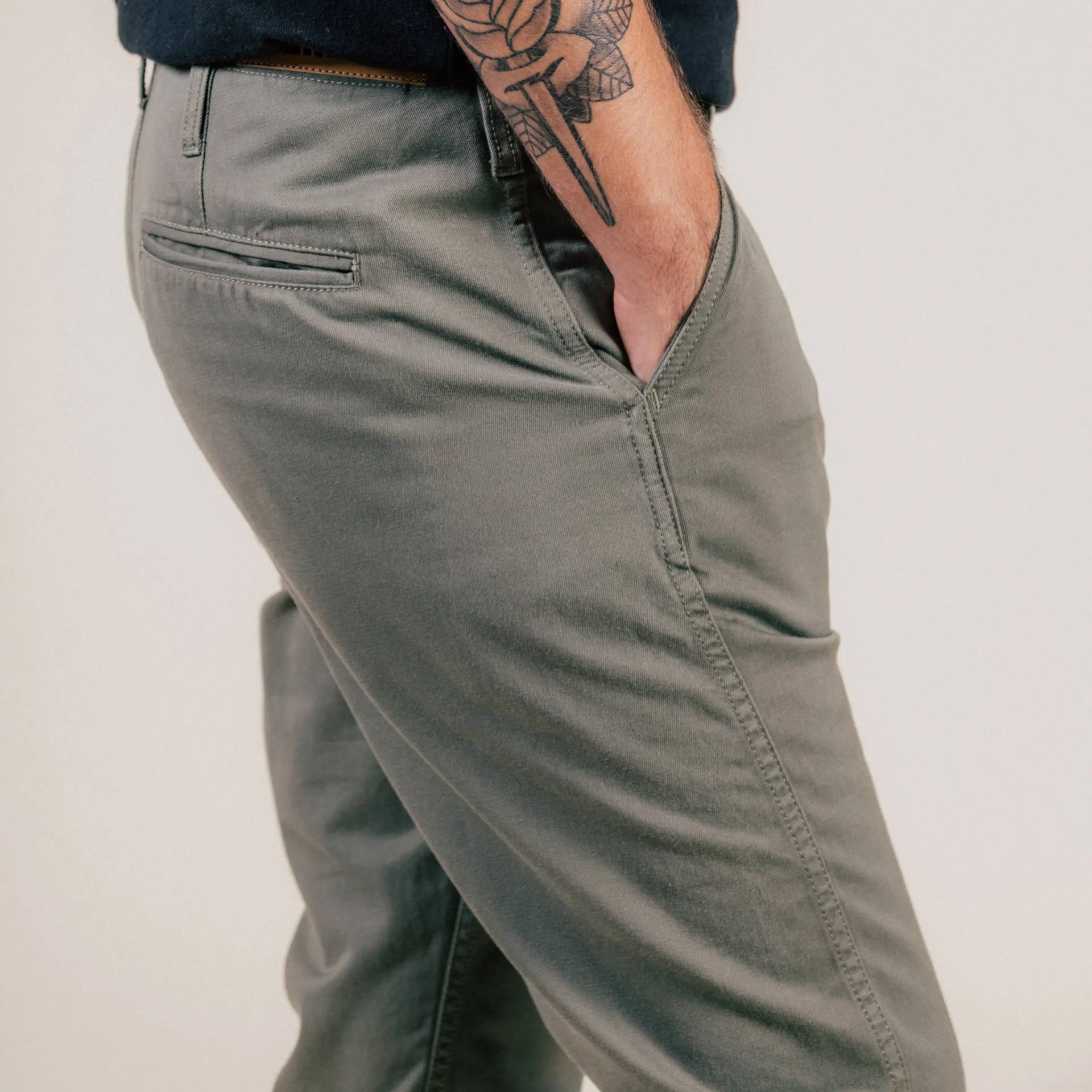 BC-04 RELAXED CHINO 8.5 oz. aged green sateen twill