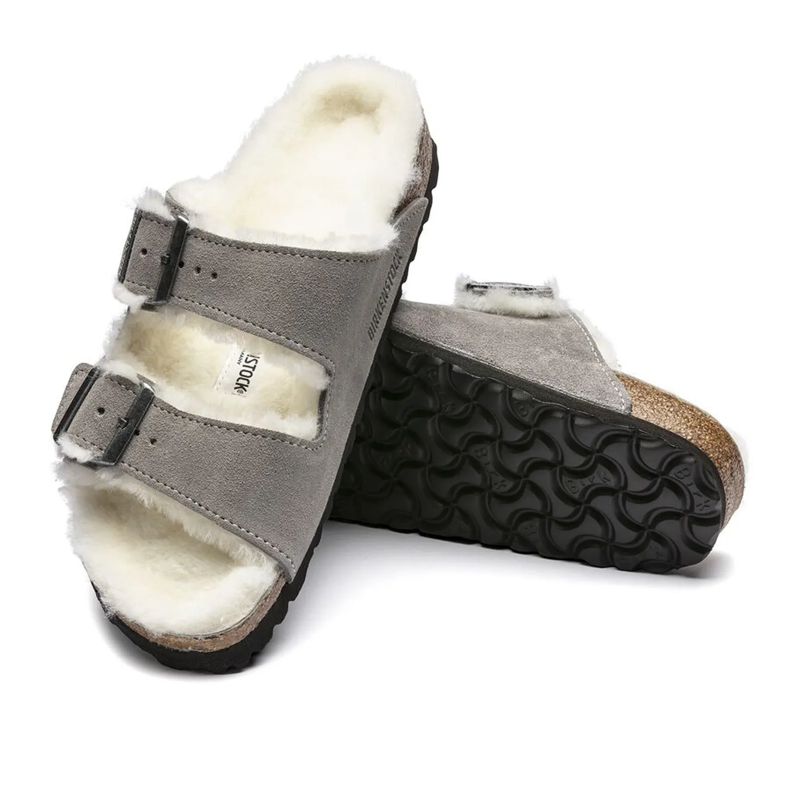 Birkenstock Arizona Shearling Narrow Slide Sandal (Women) - Stone Coin/Natural Suede