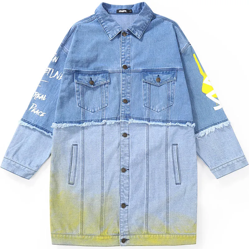 Blue Color Block Print Pocket Raw Edge Denim Trench Coat