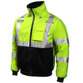 Bomber Jacket -  Type R Class 3 - Fluorescent Yellow-Green-Black - Silver Reflective Tape - Insulated Fleece Liner - Attached Hood