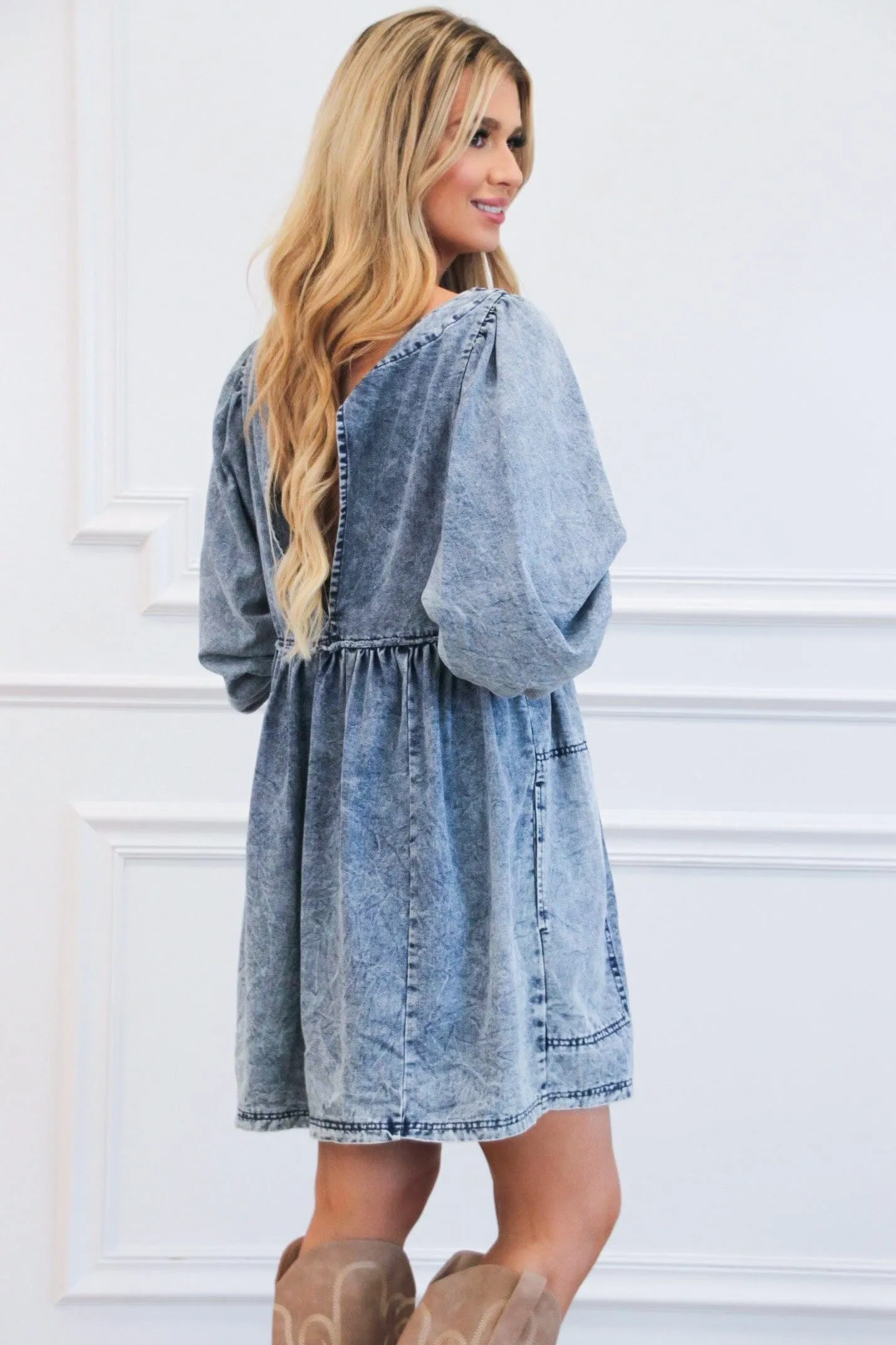 Cheyenne Babydoll Denim Dress: Blue