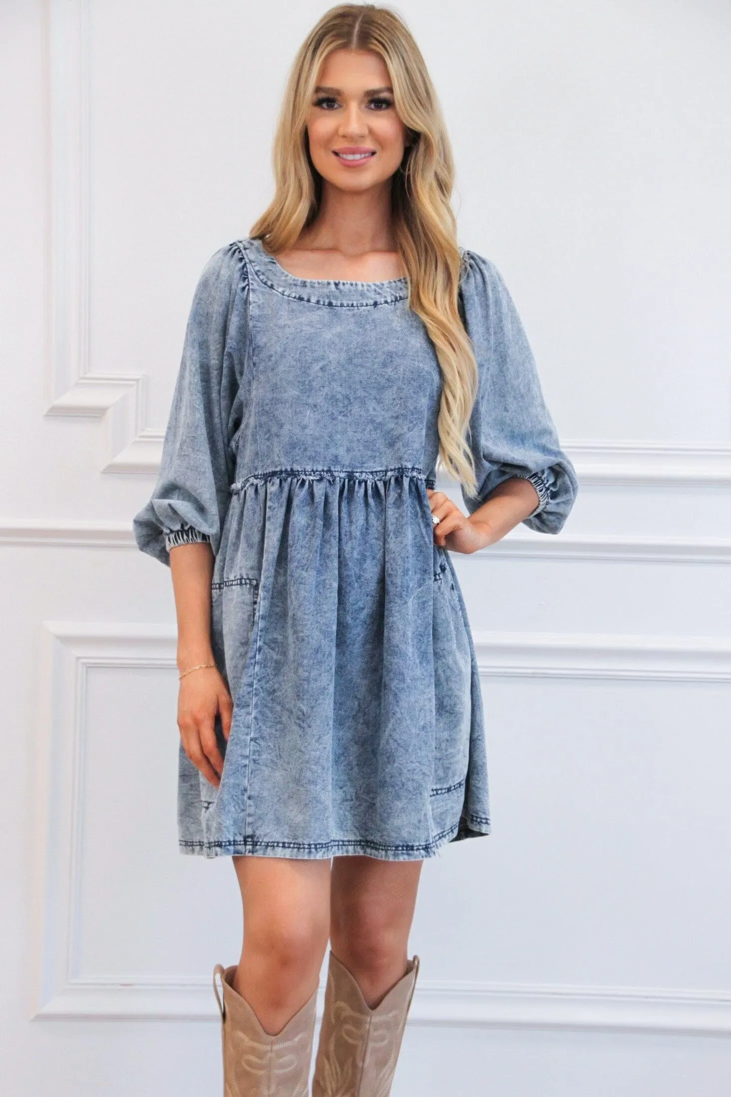 Cheyenne Babydoll Denim Dress: Blue