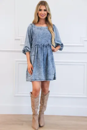 Cheyenne Babydoll Denim Dress: Blue