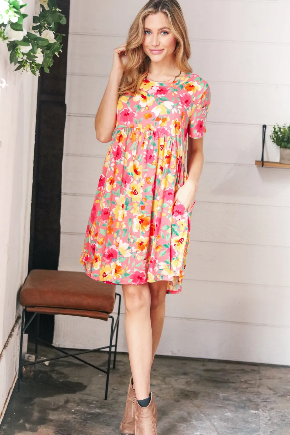 Coral Pink Floral Babydoll Dress