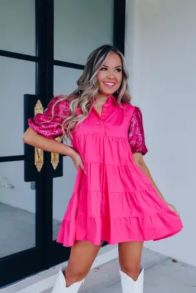 Country Girl Sequin Puff Sleeve Dress - Pink