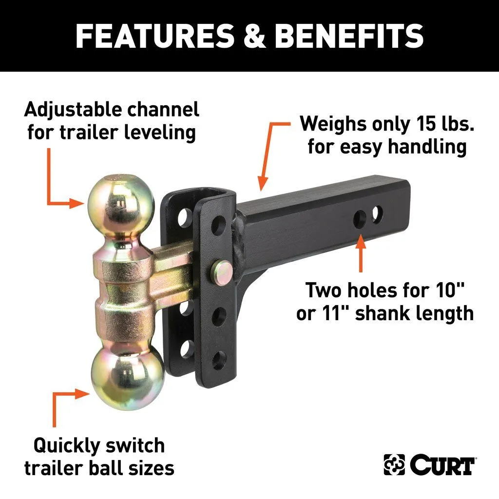 Curt Slim Adjustable Channel Mount w/Dual Ball 10K 3-3/4" Drop | 2" Hollow Shank | 2" & 2-5/16" Ball