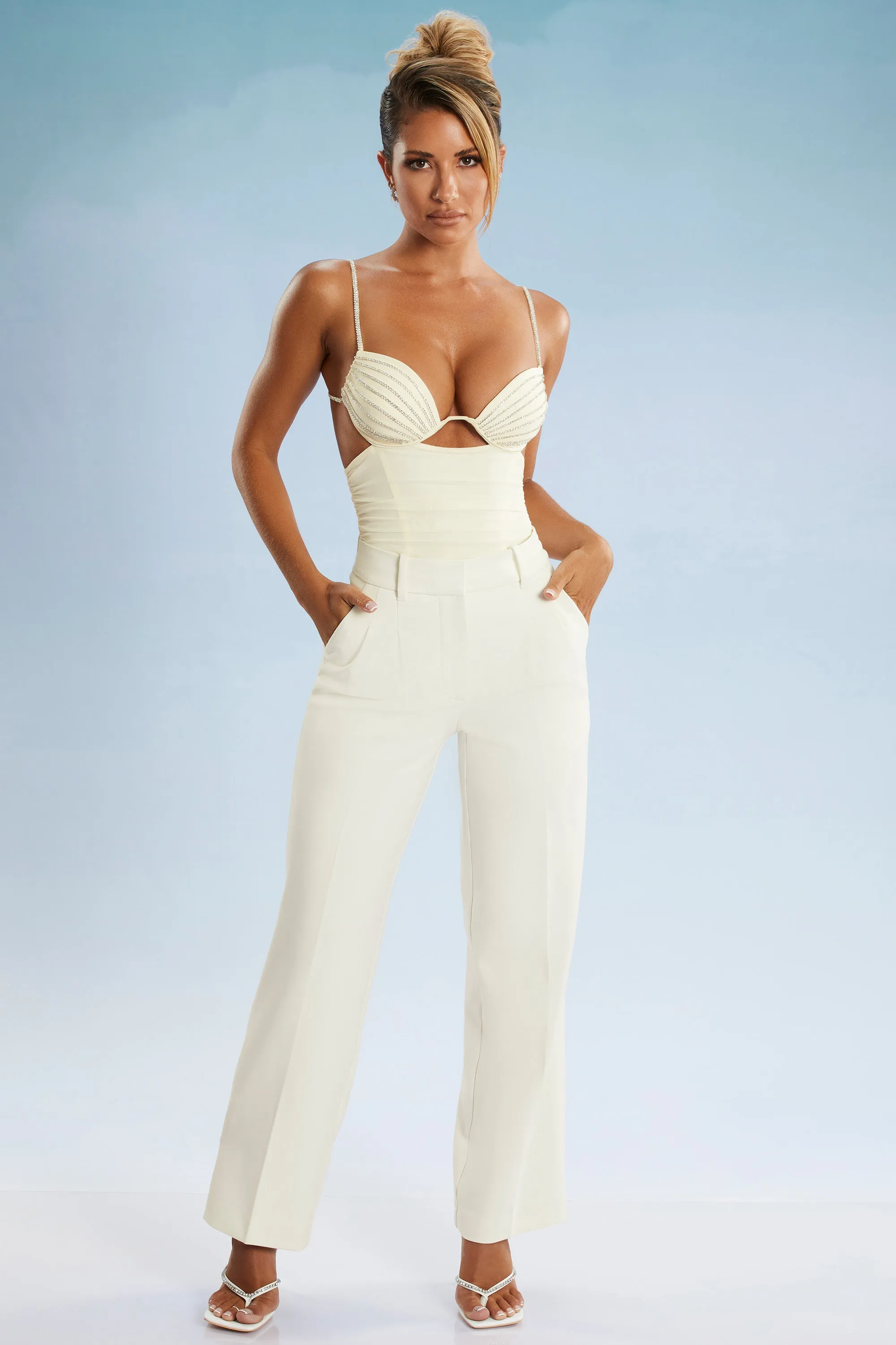 Cut Out Ruched Bodysuit in Ivory