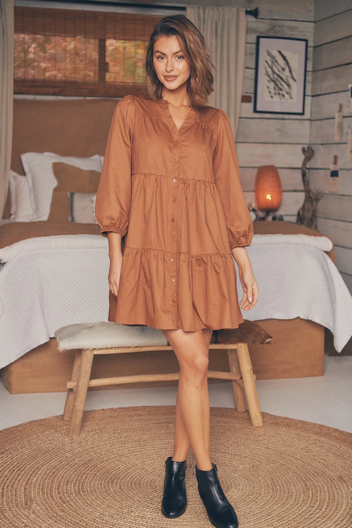 Darby babydoll Long Sleeve Tan Button Dress