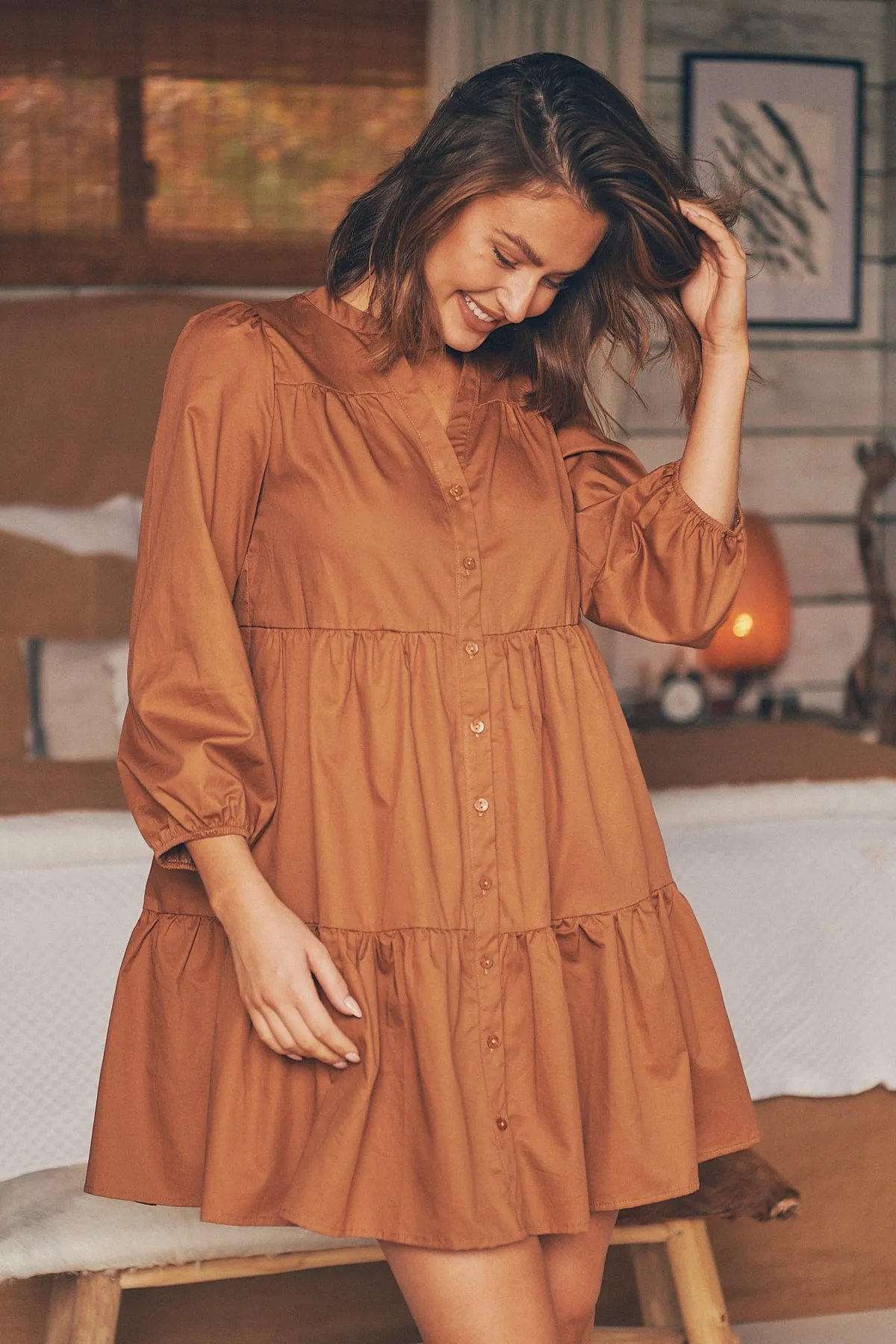 Darby babydoll Long Sleeve Tan Button Dress