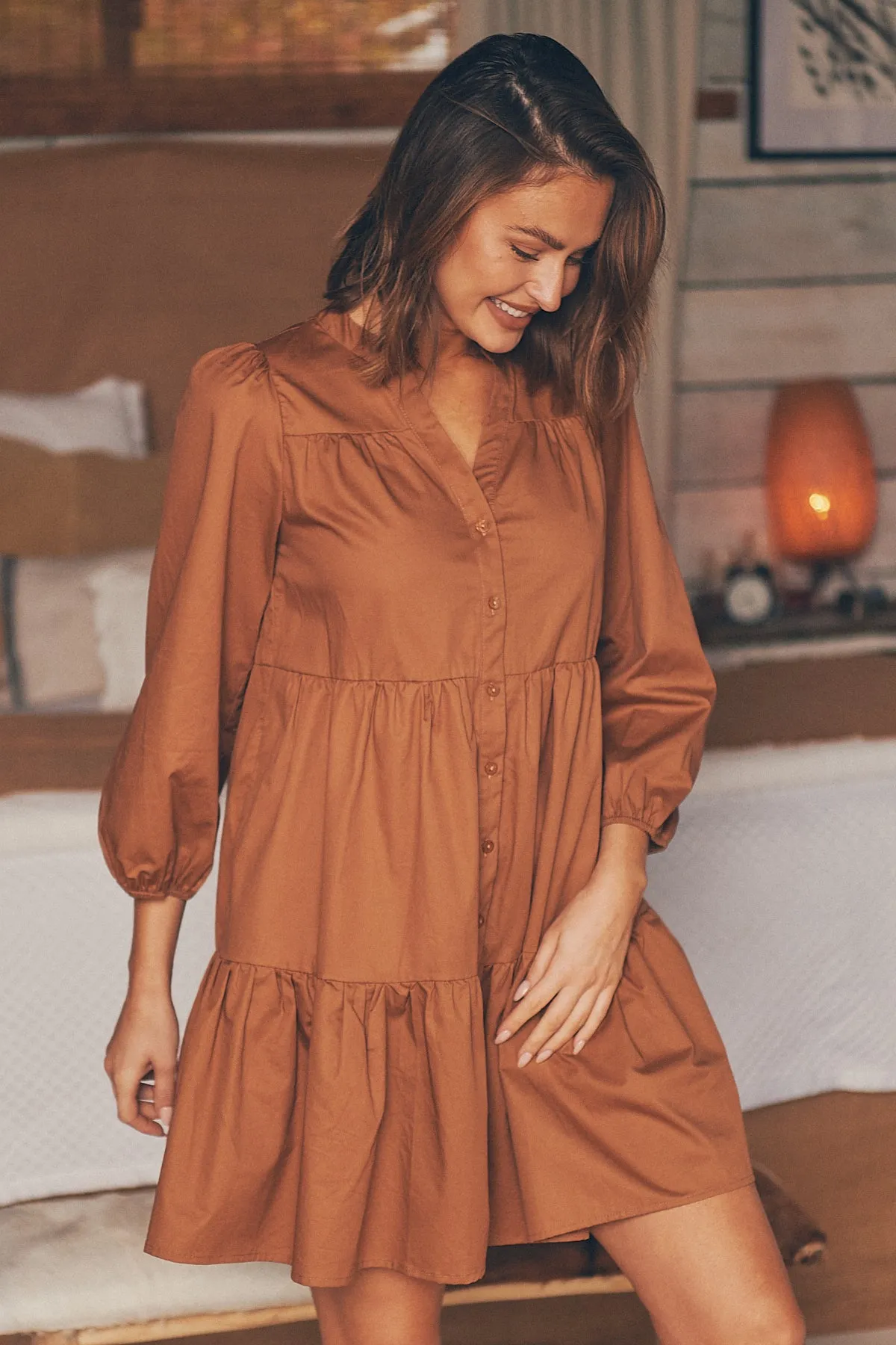 Darby babydoll Long Sleeve Tan Button Dress