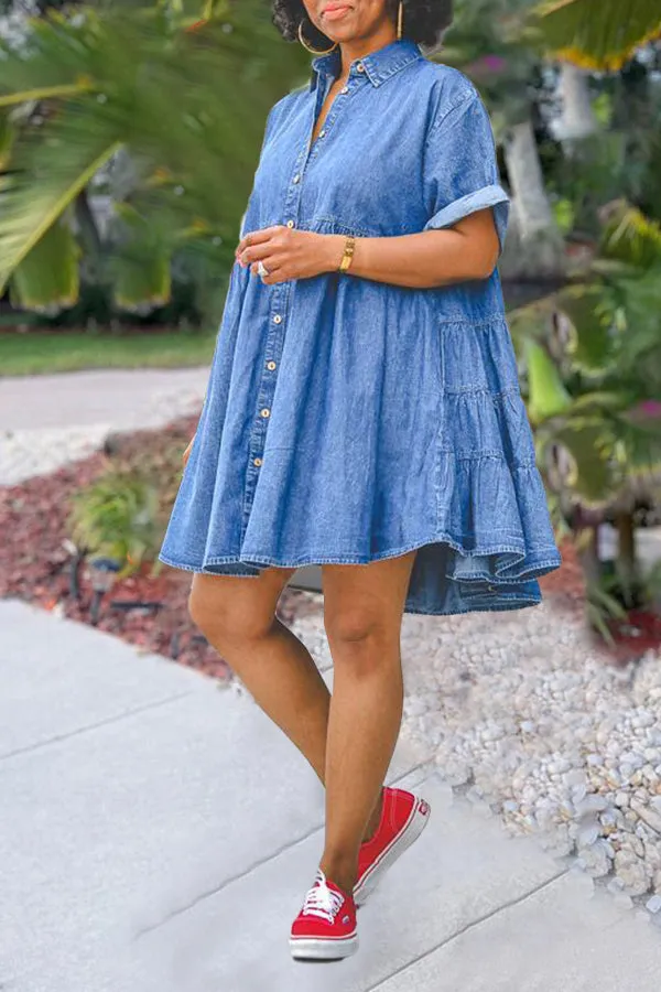 Denim Button Down Ruffle Hem Babydoll Dress