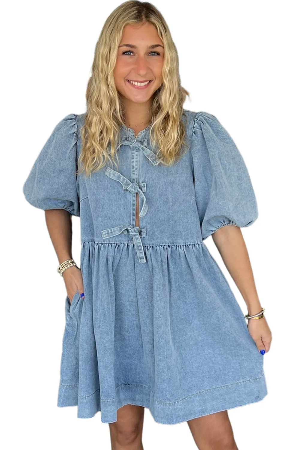 Dusk Blue Bowknot Bubble Sleeve Denim Dress