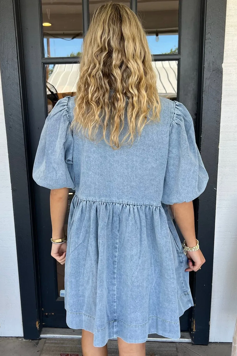 Dusk Blue Bowknot Bubble Sleeve Denim Dress