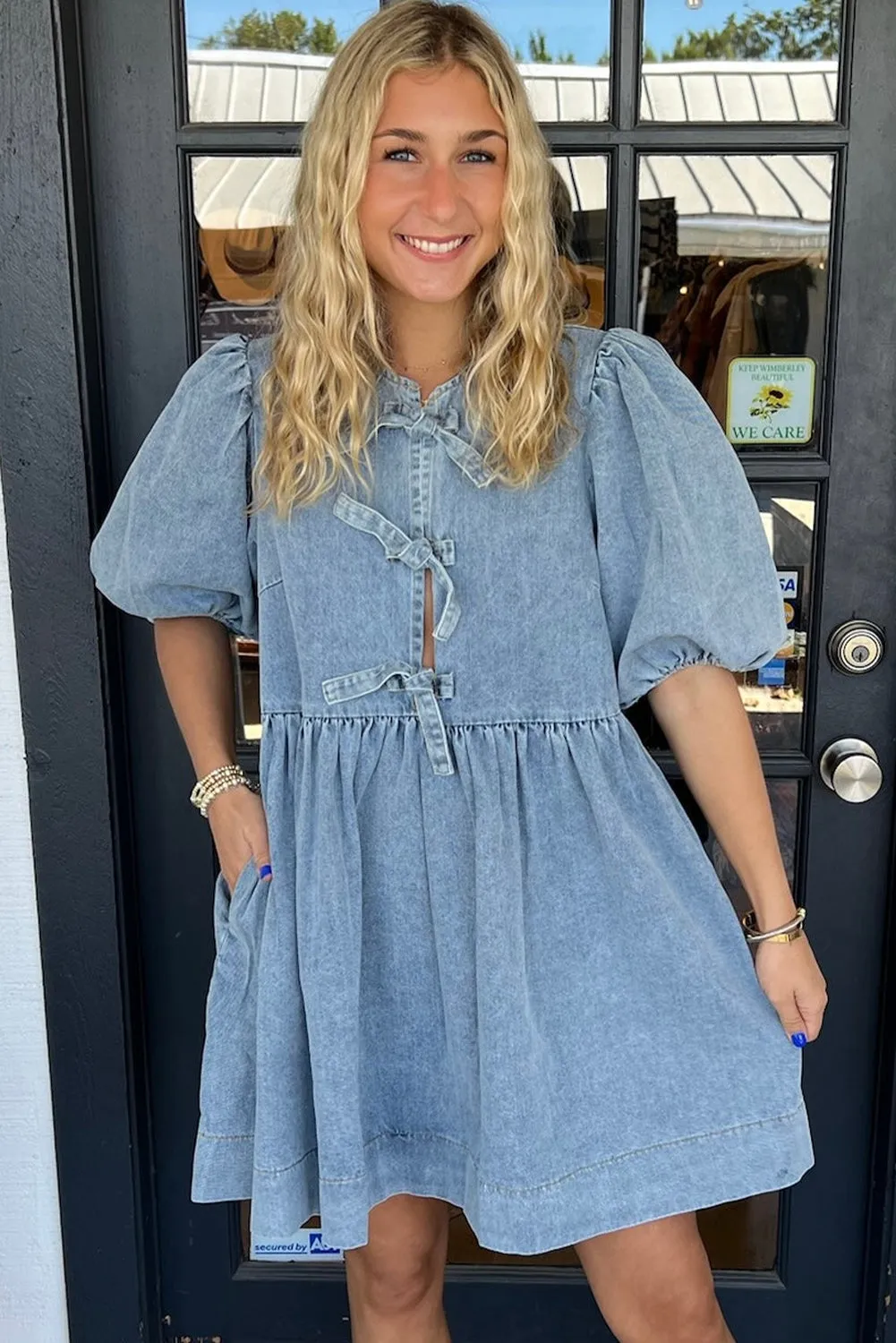 Dusk Blue Bowknot Bubble Sleeve Denim Dress