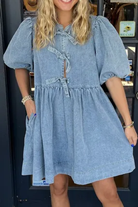 Dusk Blue Bowknot Bubble Sleeve Denim Dress