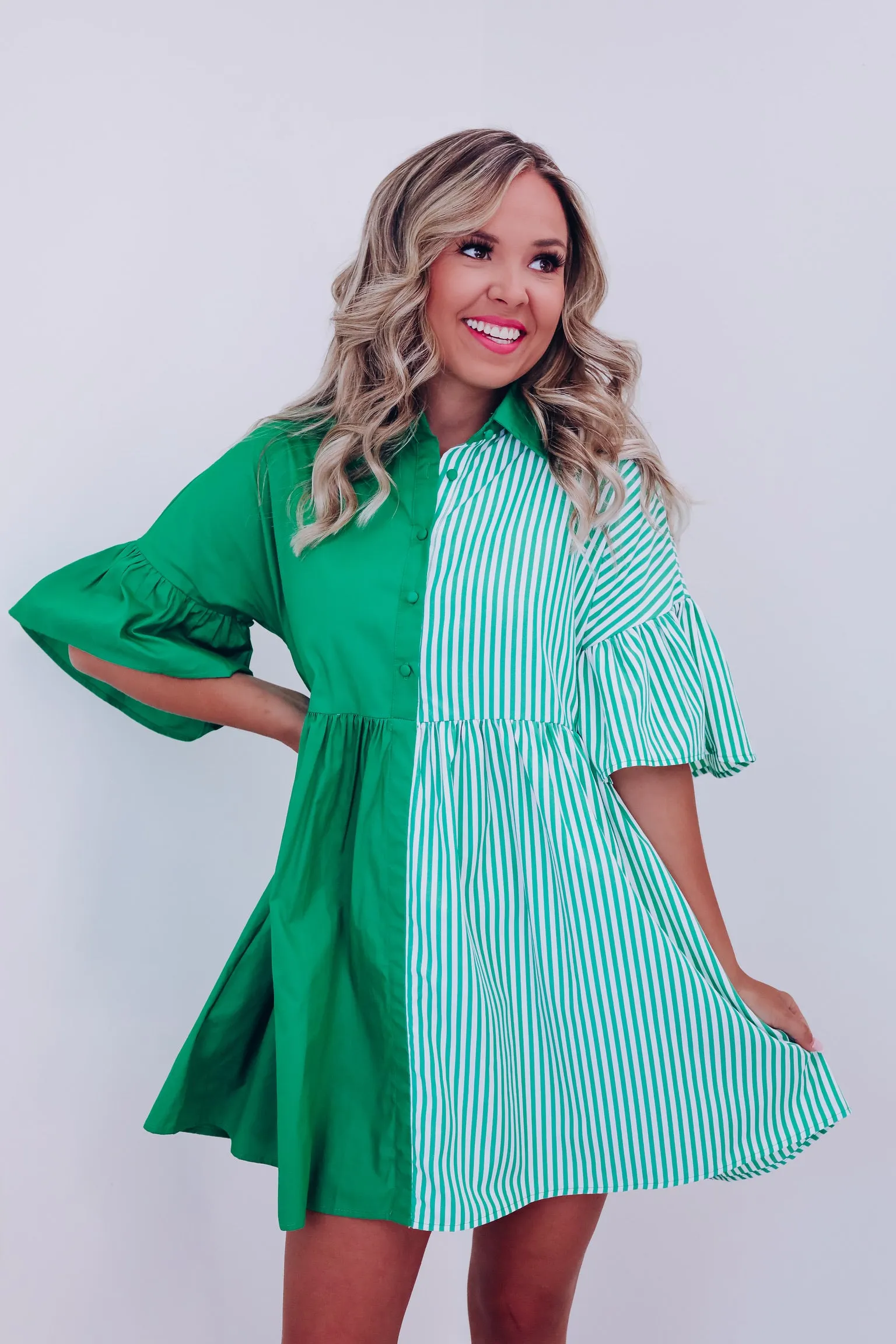 Envy Me Color Block Ruffle Sleeve Dress - Green