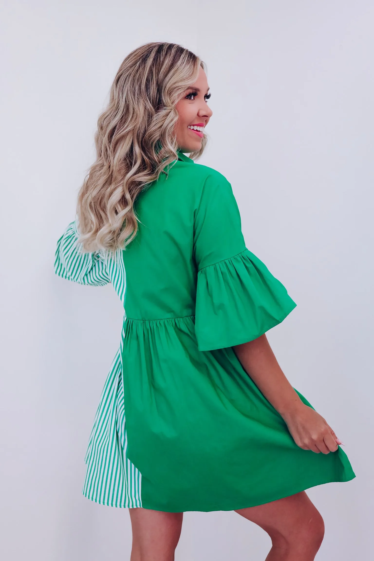 Envy Me Color Block Ruffle Sleeve Dress - Green