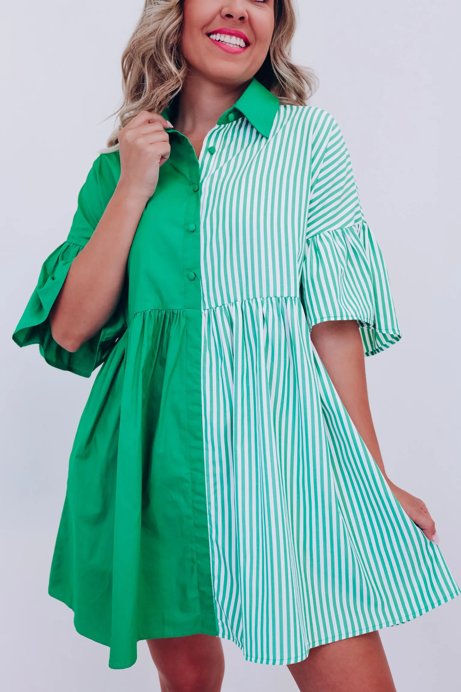 Envy Me Color Block Ruffle Sleeve Dress - Green