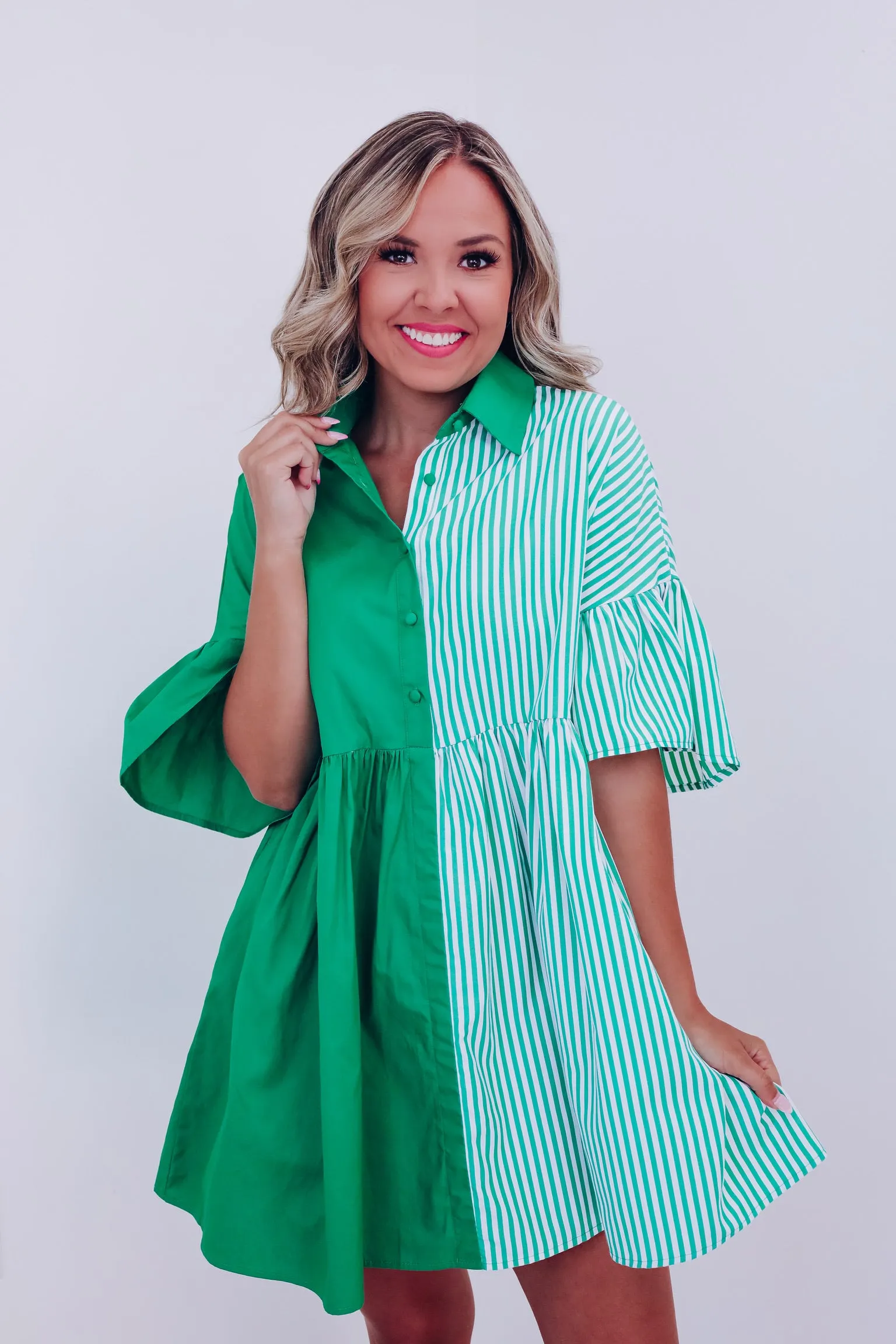 Envy Me Color Block Ruffle Sleeve Dress - Green