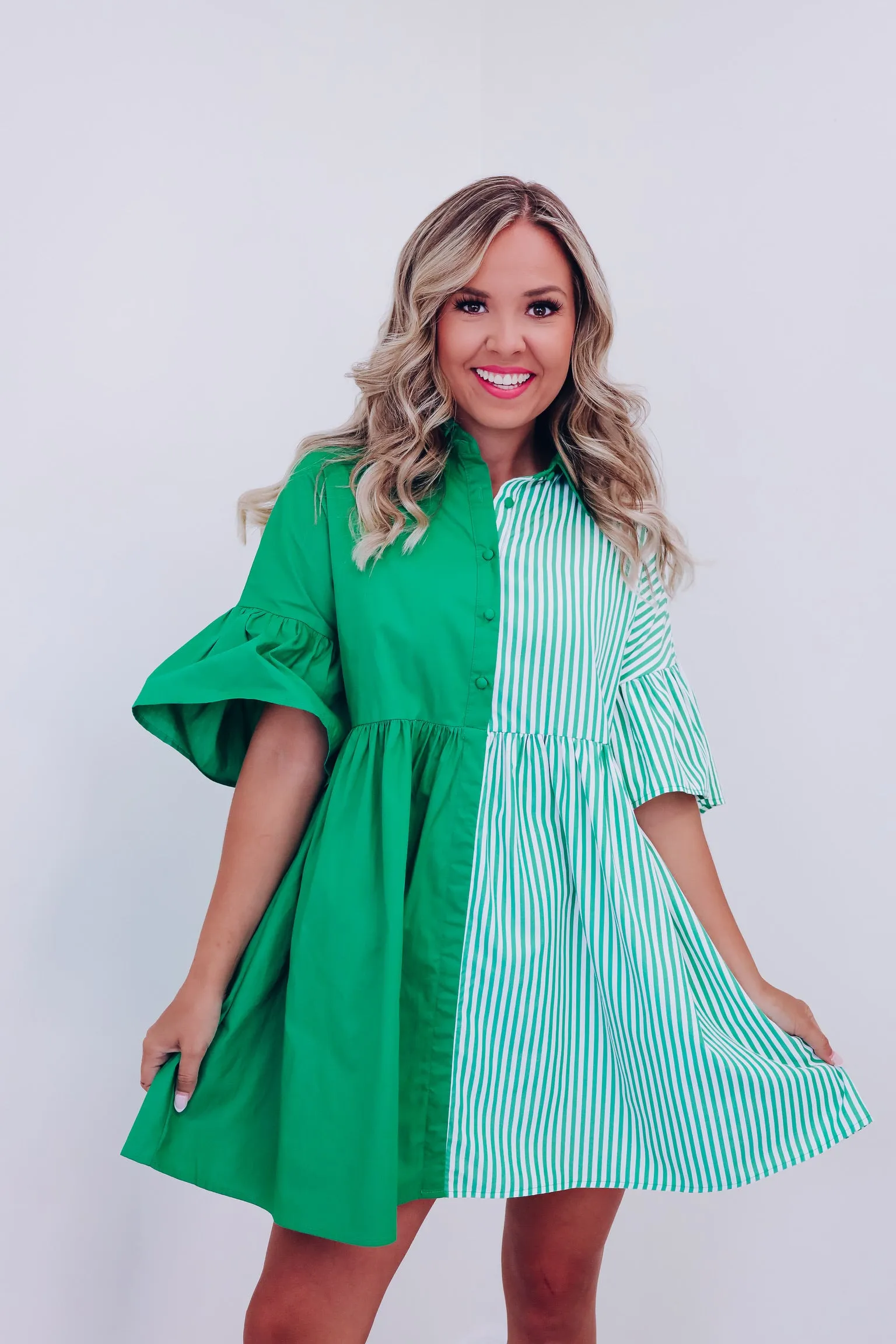 Envy Me Color Block Ruffle Sleeve Dress - Green