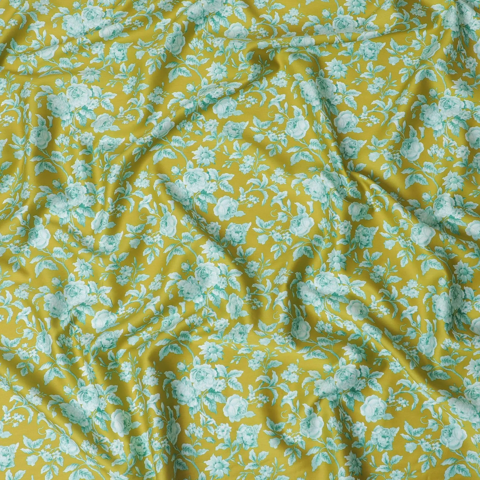 Fern green printed cotton satin with light green prints in floral design-D11271