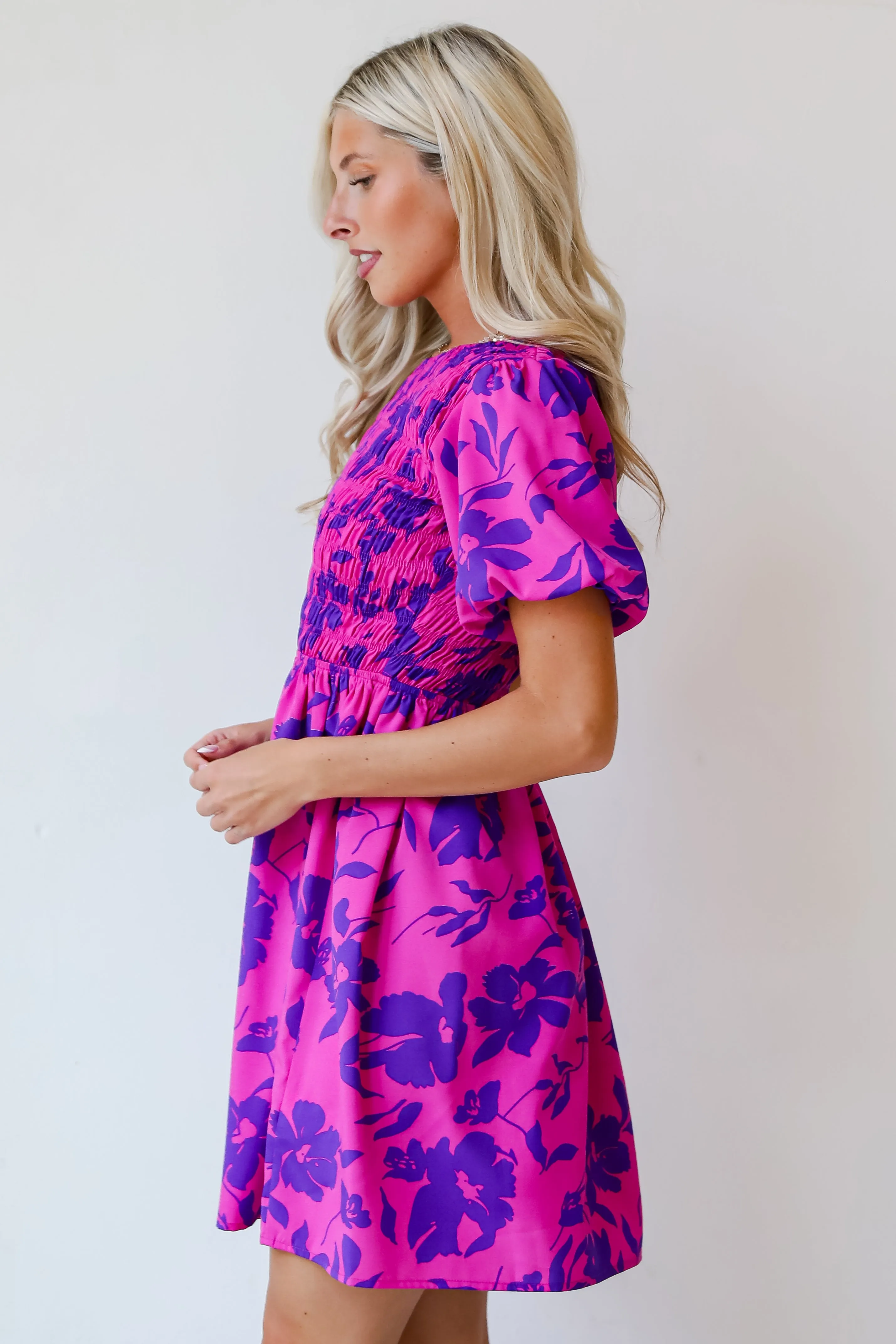 FINAL SALE - Fancy Sweetness Magenta Floral Puff Sleeve Mini Dress