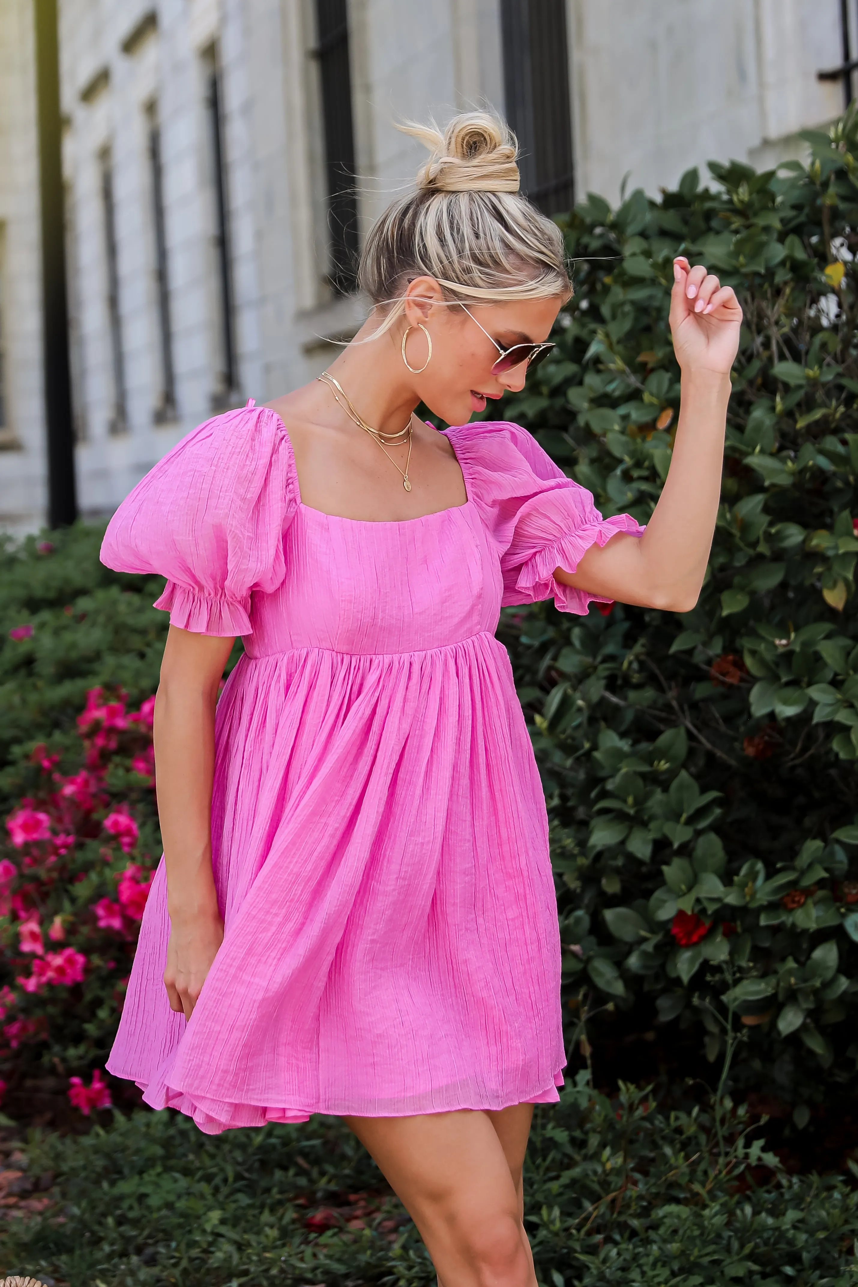 FINAL SALE - Lovely Boldness Pink Textured Babydoll Mini Dress