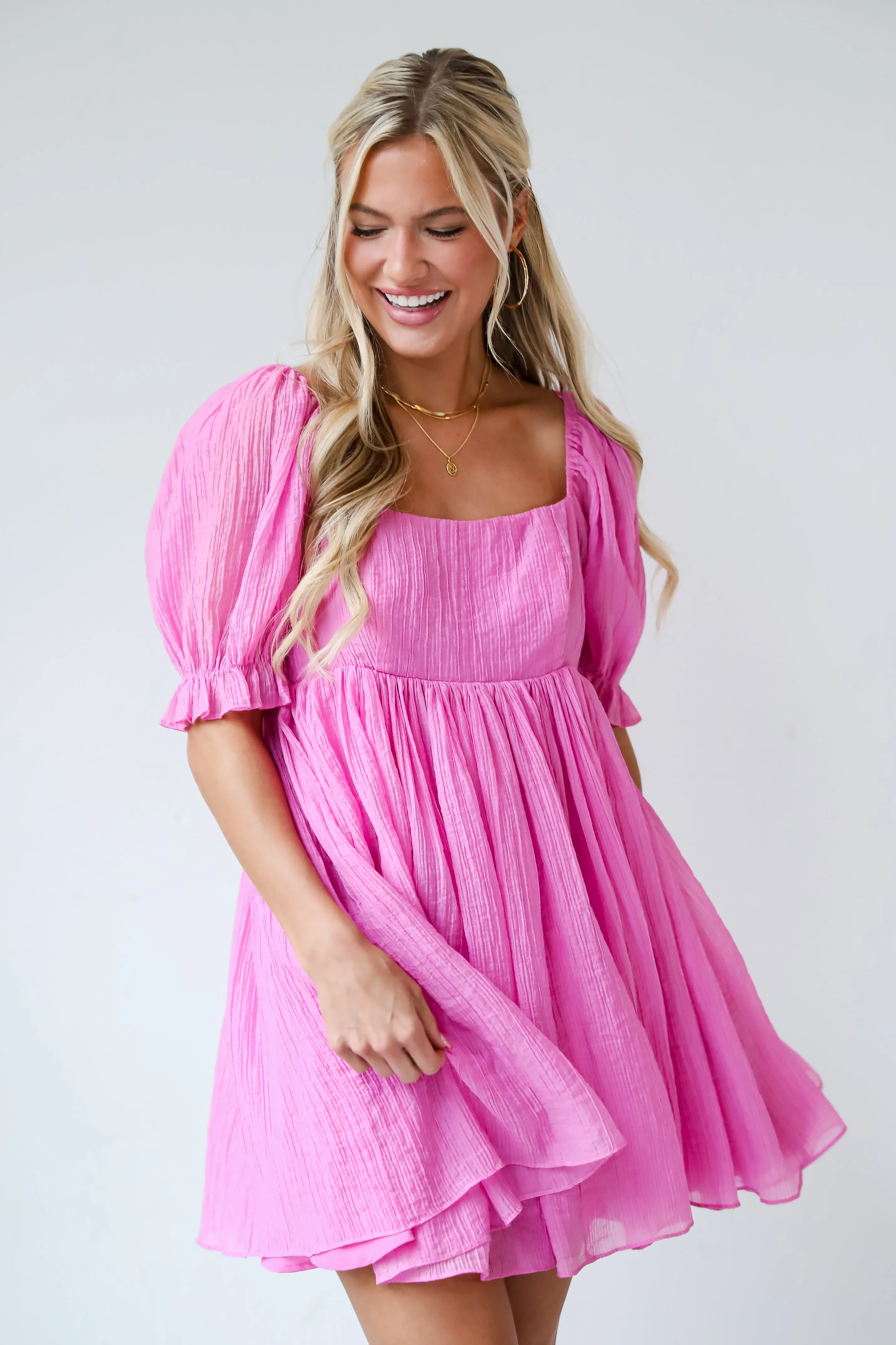 FINAL SALE - Lovely Boldness Pink Textured Babydoll Mini Dress