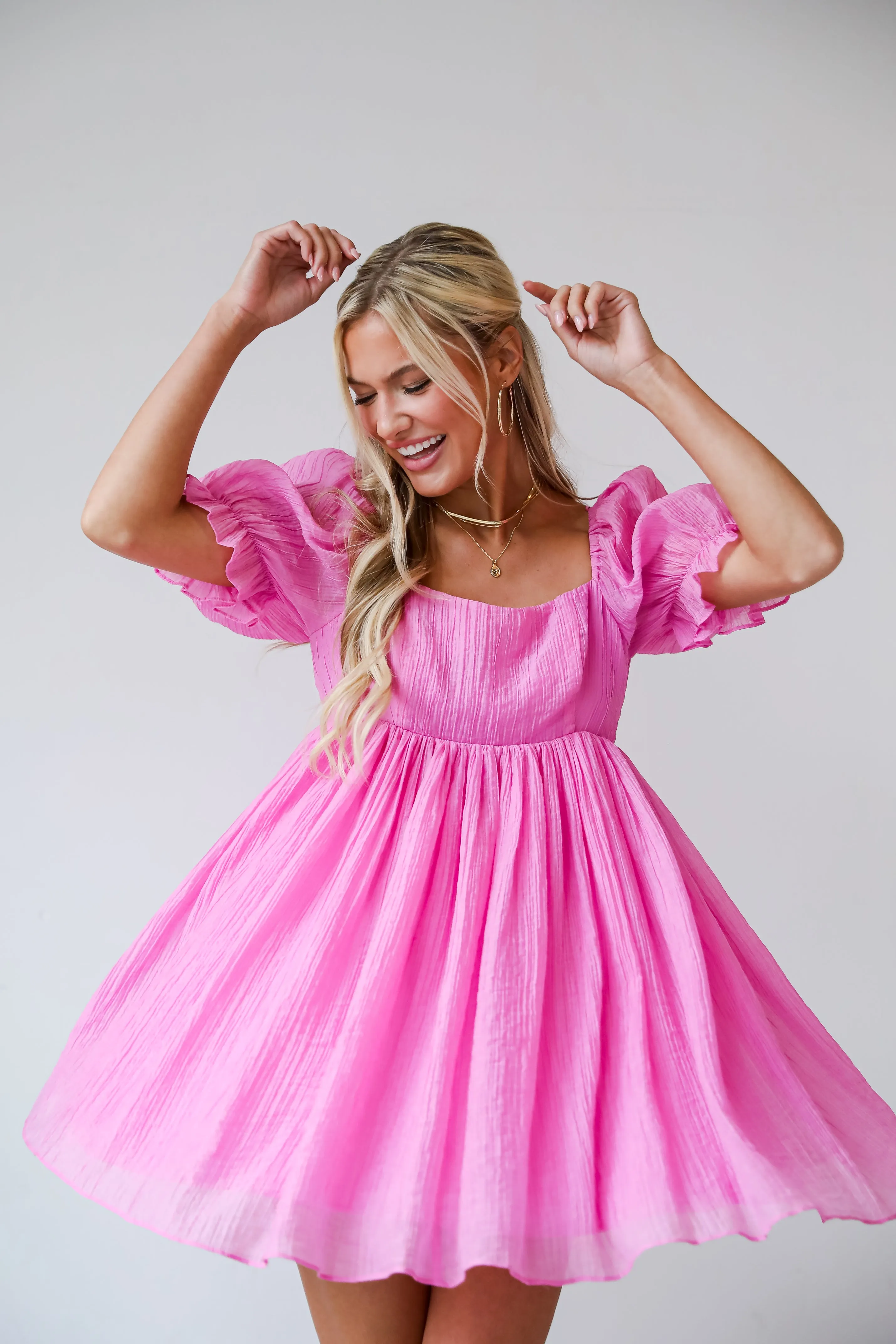 FINAL SALE - Lovely Boldness Pink Textured Babydoll Mini Dress