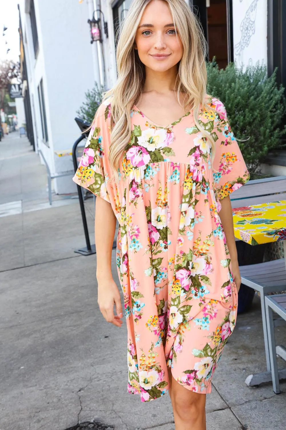 FINAL SALE -  Peach Floral Drop Shoulder Ruffle Dress