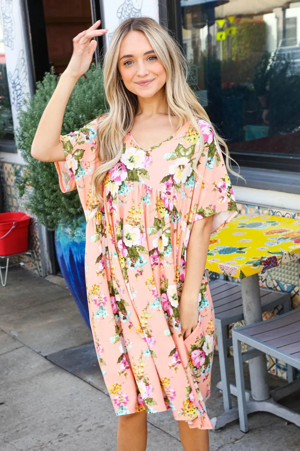 FINAL SALE -  Peach Floral Drop Shoulder Ruffle Dress