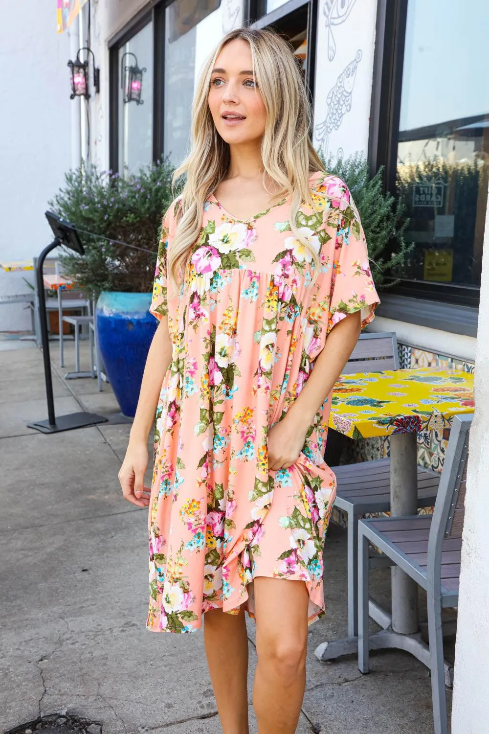 FINAL SALE -  Peach Floral Drop Shoulder Ruffle Dress