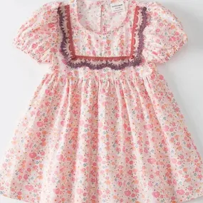 Girls Adelynn Pink Floral Embroidered Doll-Neck Dress