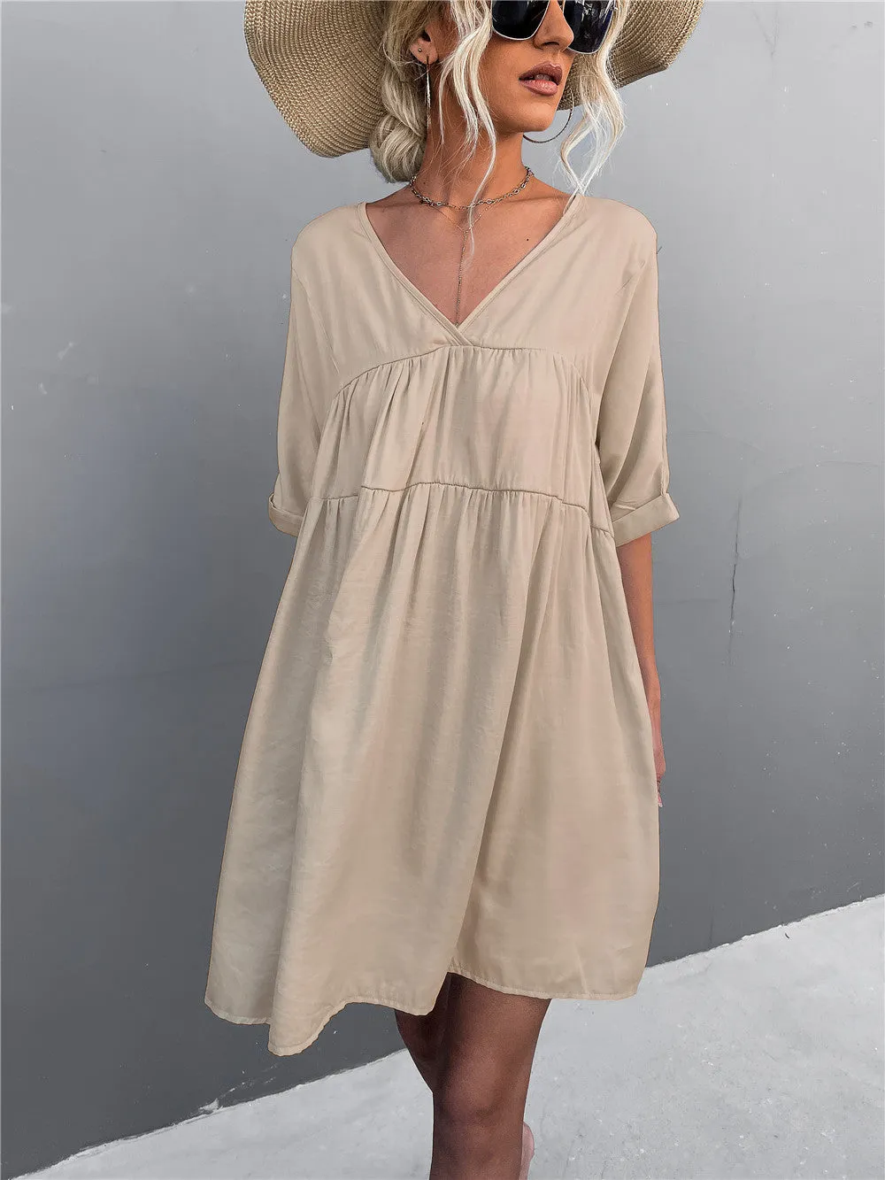 Goodness Cotton Pocketed Babydoll Dress - Khaki