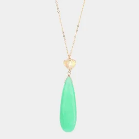 Green Metal Heart Teardrop Natural Stone Link Pendant Long Necklace